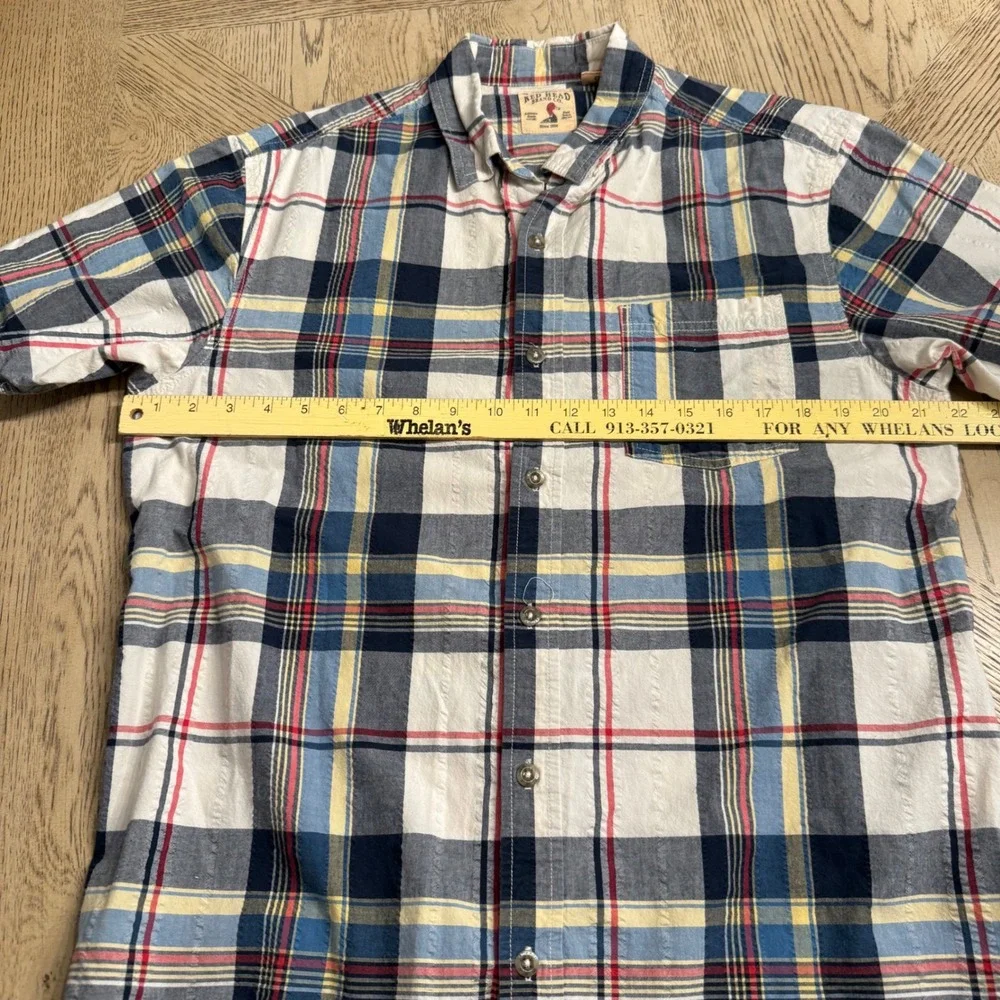 Red Head Brand Co Mens Large Short Sleeve Plaid Button Down Shirt Blue White Red